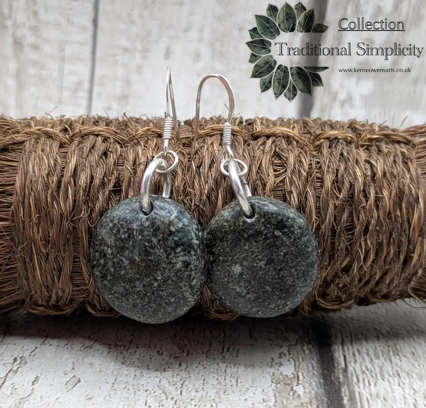 Preseli Bluestone Disc Earrings – Welsh sourced Stonehenge, spiritual stone Cabochon Style on 925 Sterling Silver Fish Hook Findings.