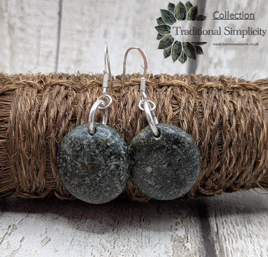 Preseli Bluestone Disc Earrings – Welsh sourced Stonehenge, spiritual stone Cabochon Style on 925 Sterling Silver Fish Hook Findings.