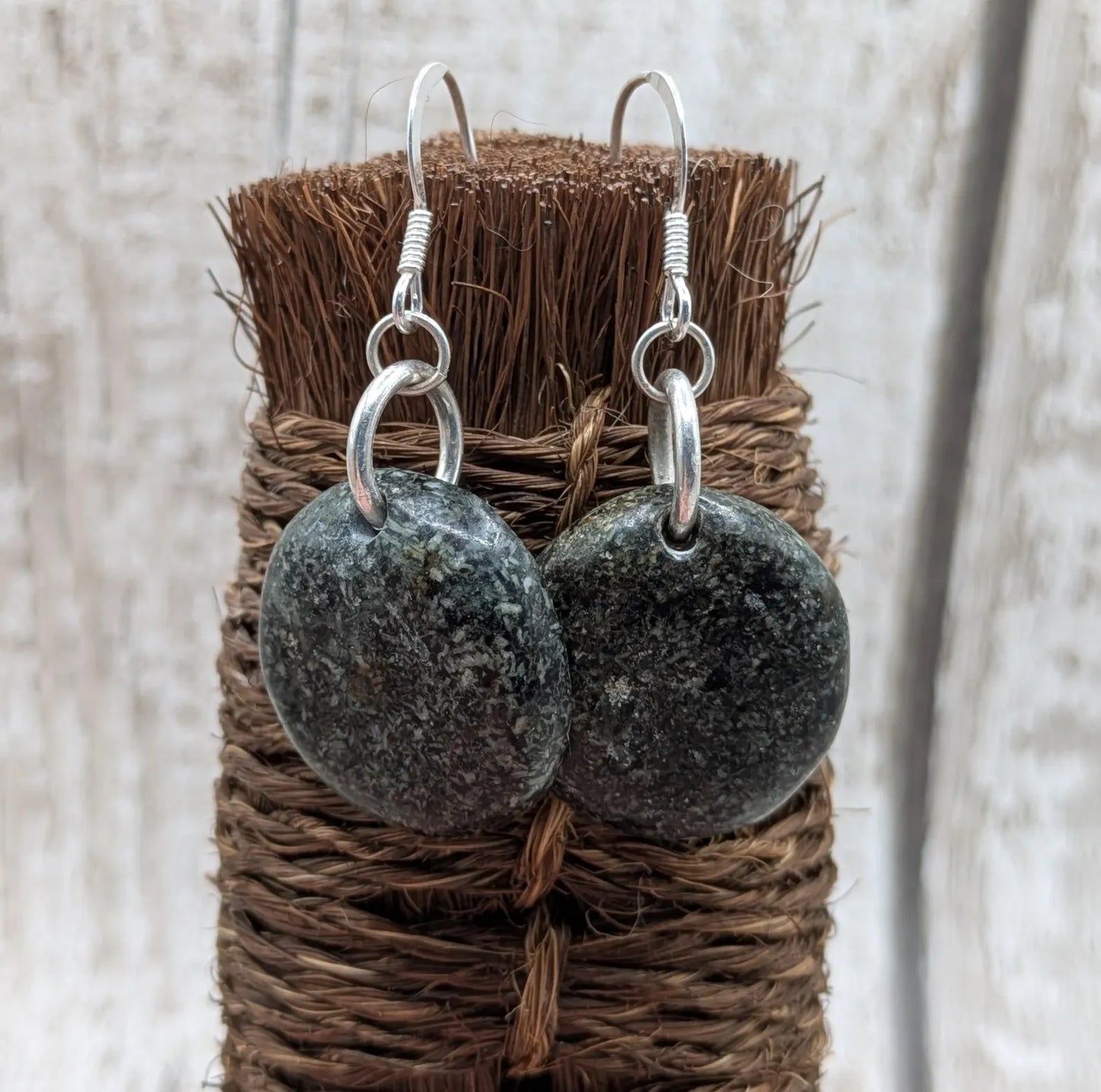 Preseli Bluestone Disc Earrings – Welsh sourced Stonehenge, spiritual stone Cabochon Style on 925 Sterling Silver Fish Hook Findings.