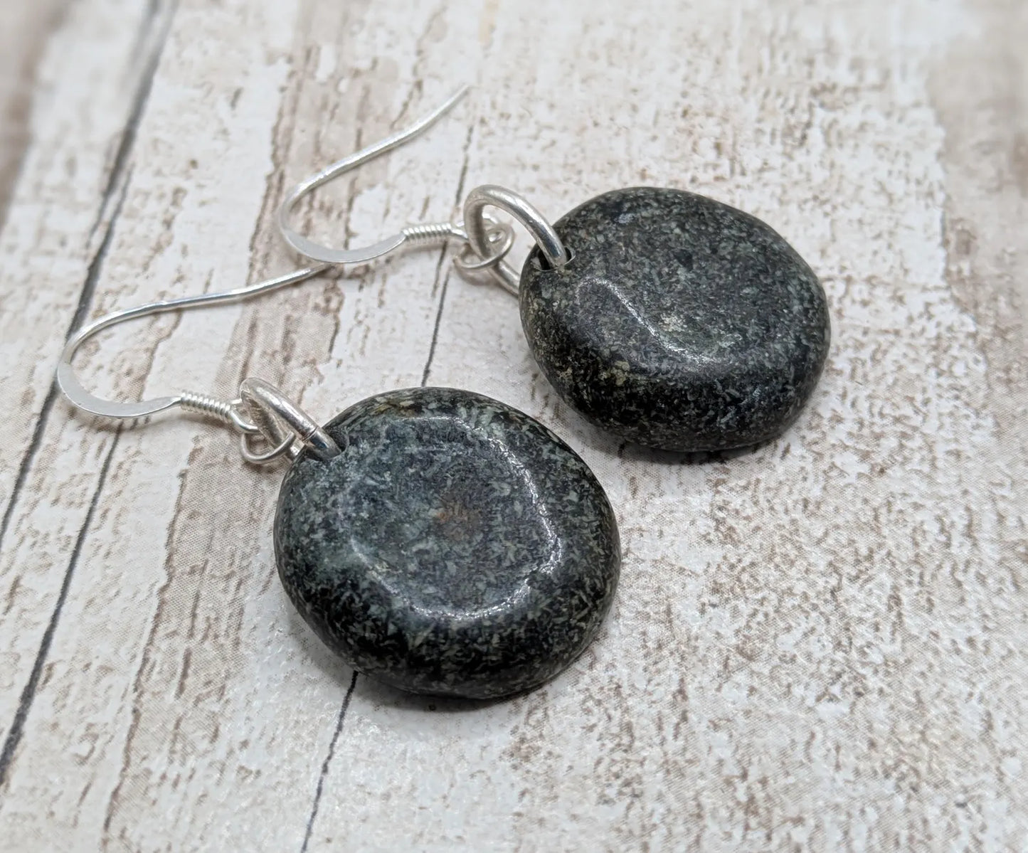 Preseli Bluestone Disc Earrings – Welsh sourced Stonehenge, spiritual stone Cabochon Style on 925 Sterling Silver Fish Hook Findings.