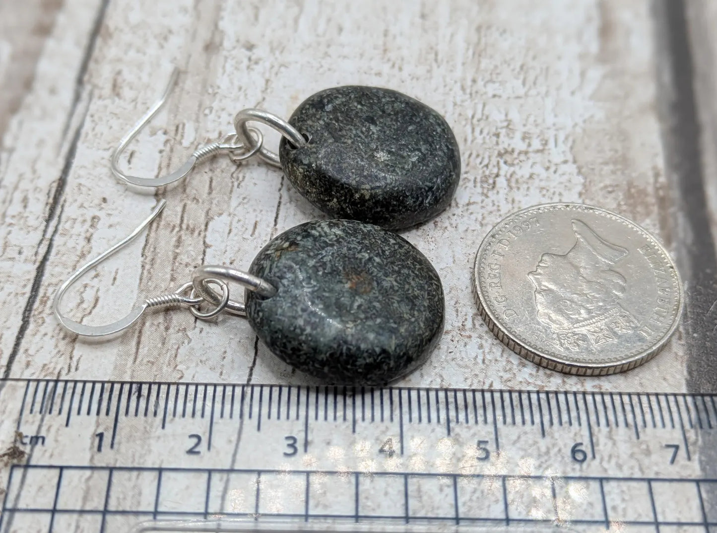 Preseli Bluestone Disc Earrings – Welsh sourced Stonehenge, spiritual stone Cabochon Style on 925 Sterling Silver Fish Hook Findings.