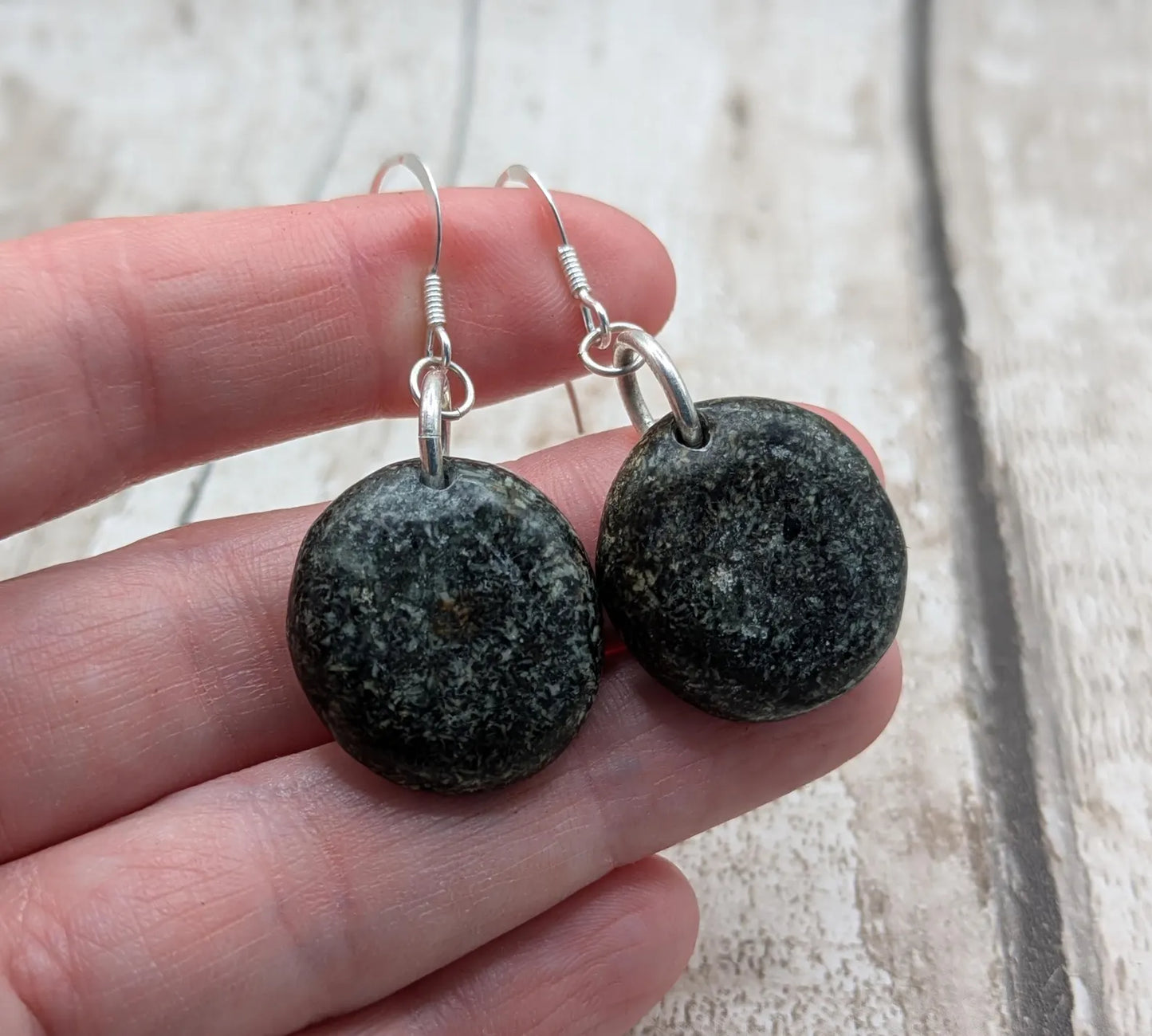Preseli Bluestone Disc Earrings – Welsh sourced Stonehenge, spiritual stone Cabochon Style on 925 Sterling Silver Fish Hook Findings.
