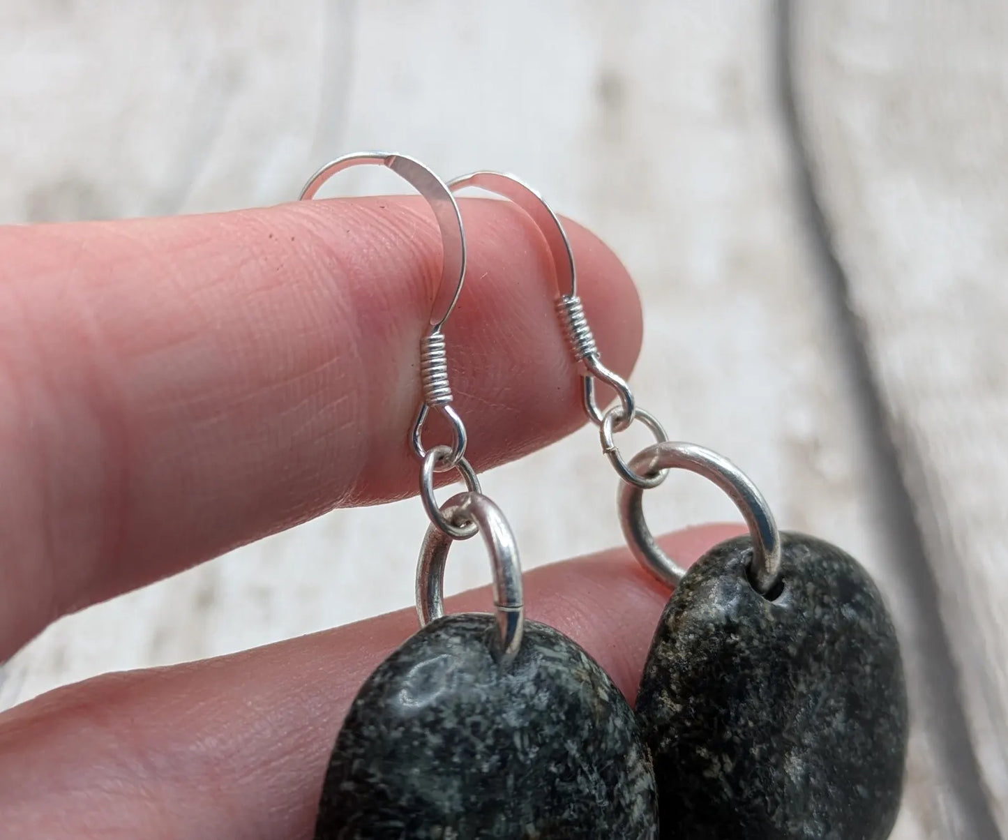 Preseli Bluestone Disc Earrings – Welsh sourced Stonehenge, spiritual stone Cabochon Style on 925 Sterling Silver Fish Hook Findings.