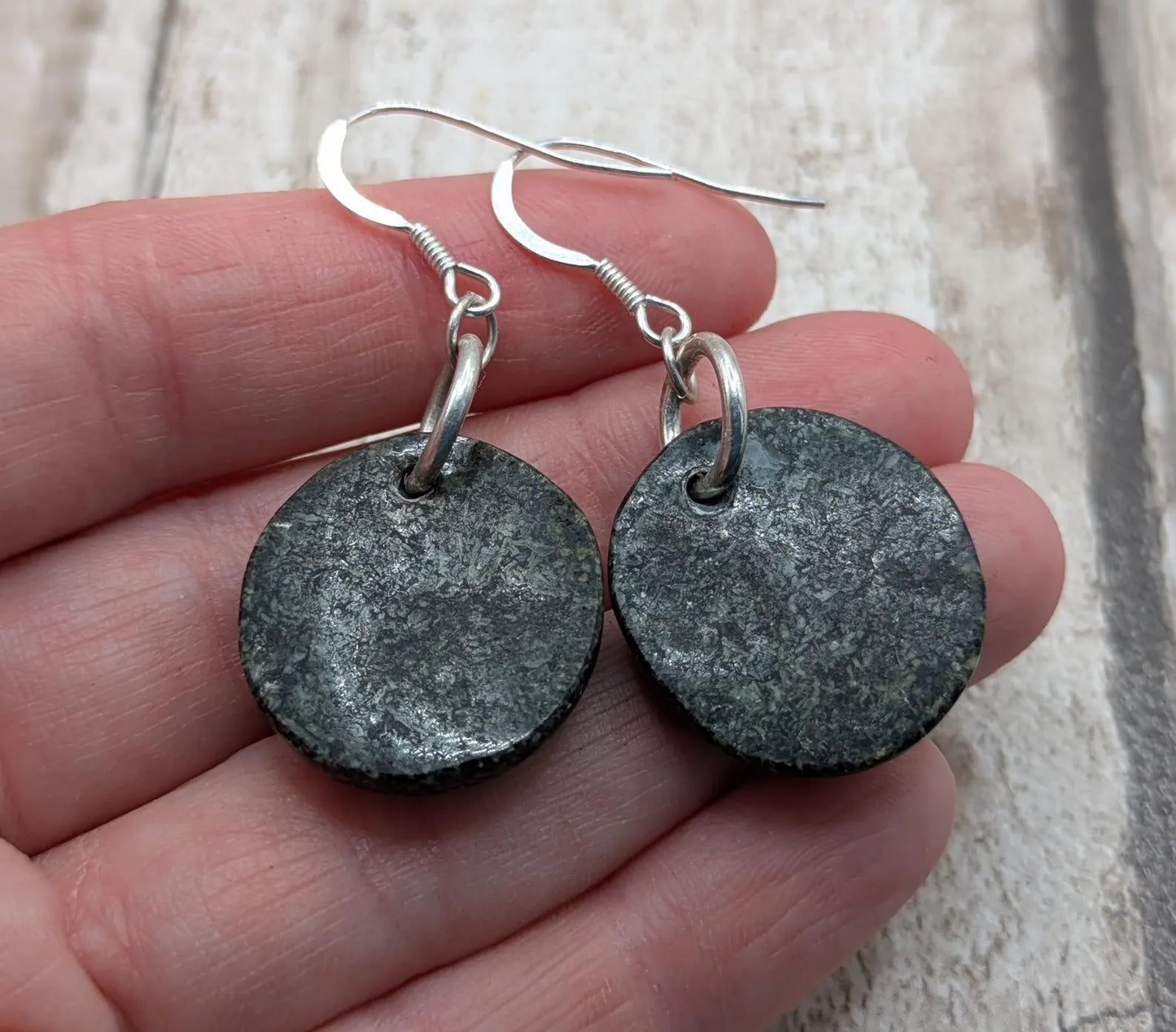 Preseli Bluestone Disc Earrings – Welsh sourced Stonehenge, spiritual stone Cabochon Style on 925 Sterling Silver Fish Hook Findings.