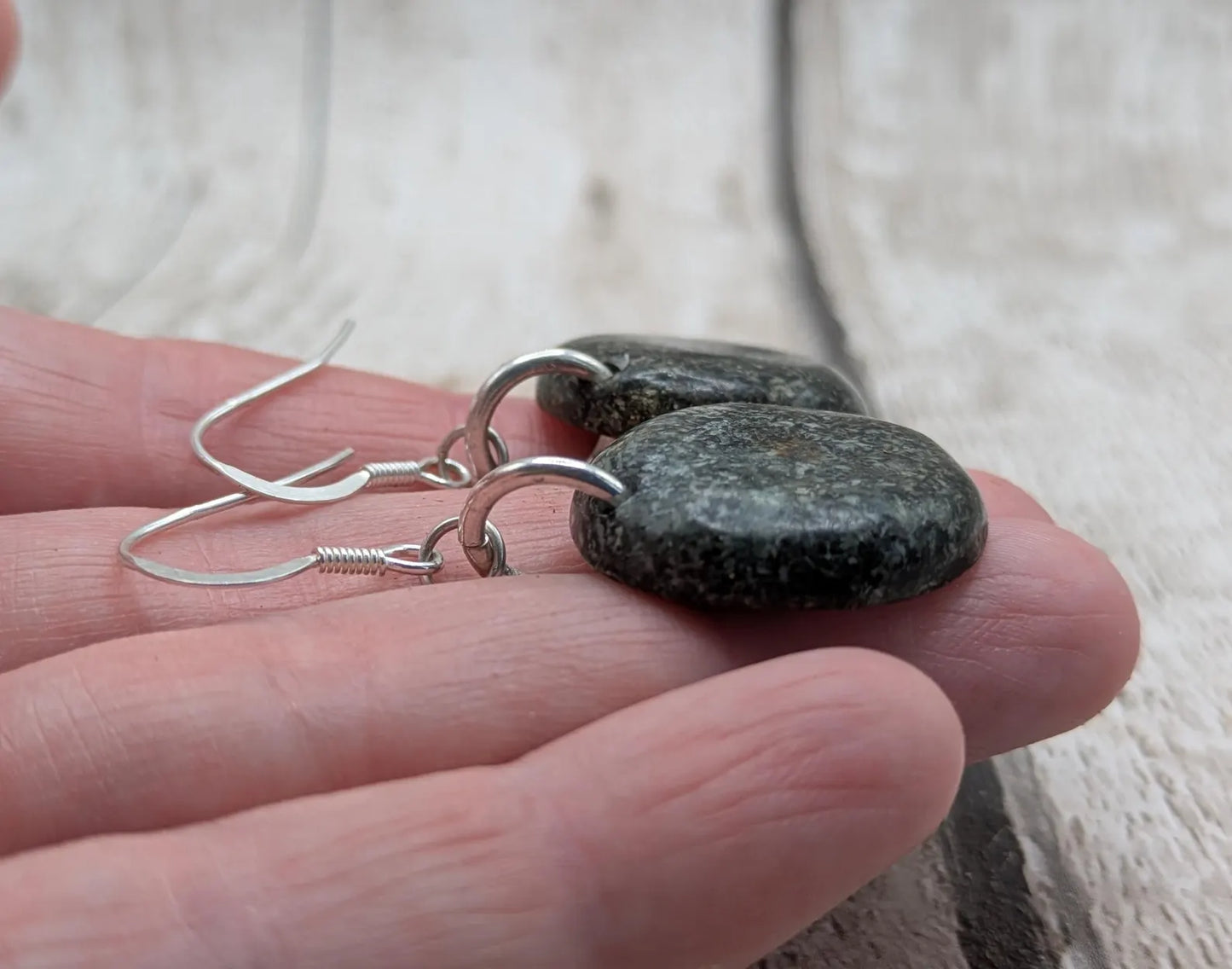 Preseli Bluestone Disc Earrings – Welsh sourced Stonehenge, spiritual stone Cabochon Style on 925 Sterling Silver Fish Hook Findings.