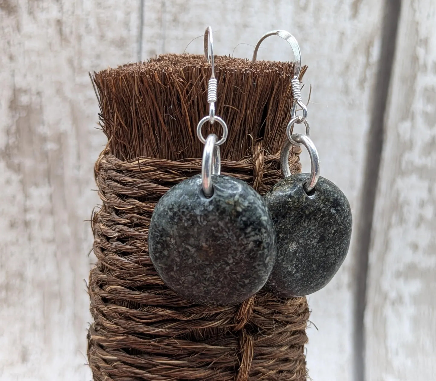 Preseli Bluestone Disc Earrings – Welsh sourced Stonehenge, spiritual stone Cabochon Style on 925 Sterling Silver Fish Hook Findings.