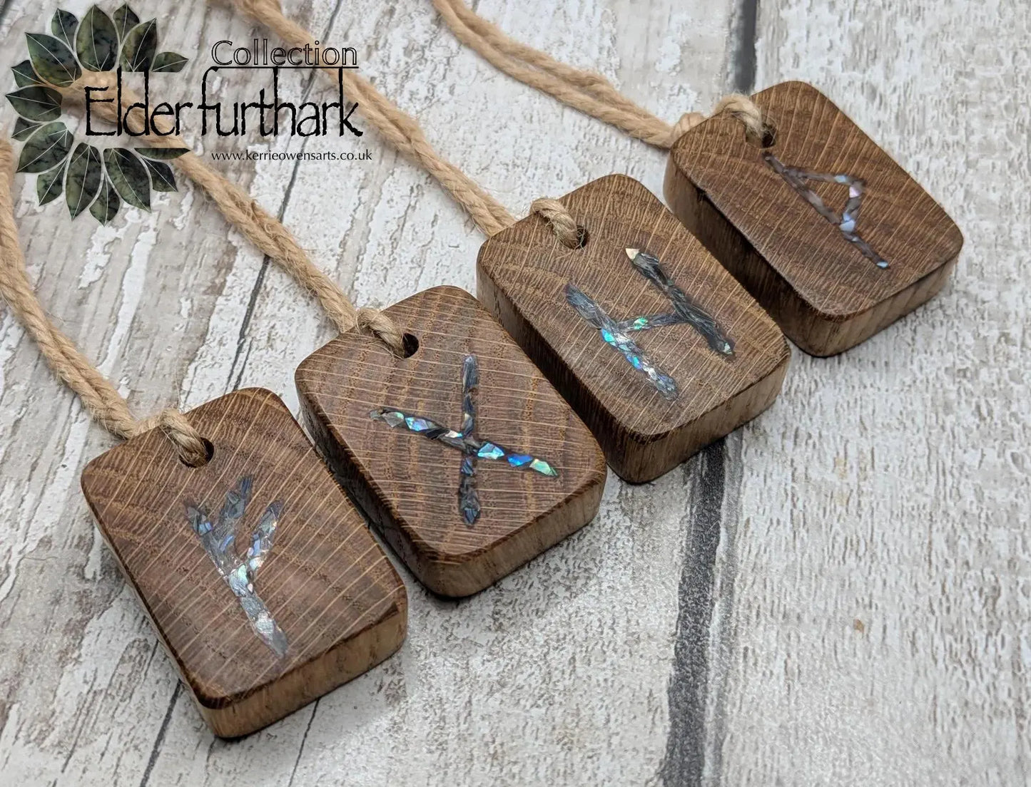 4 pack oak wood rune Christmas decoration with pāua shell.