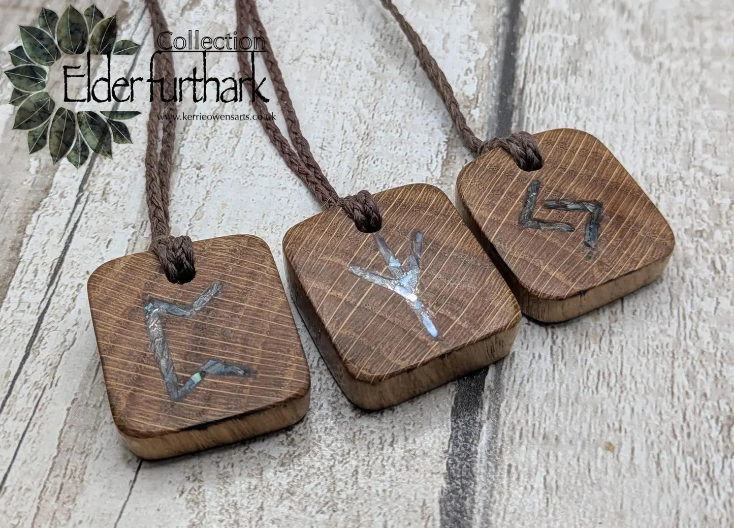 3 pack oak wood rune Christmas decoration with mussel shell inlay.