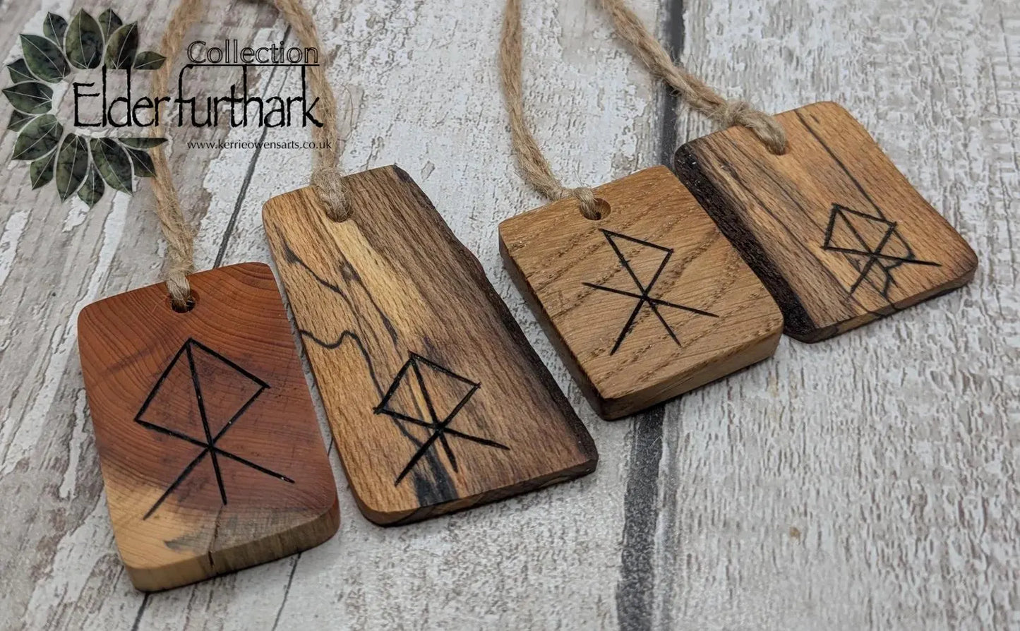 4 pack Oak, yew and spalted beech wood courage bind rune hanging decoration.