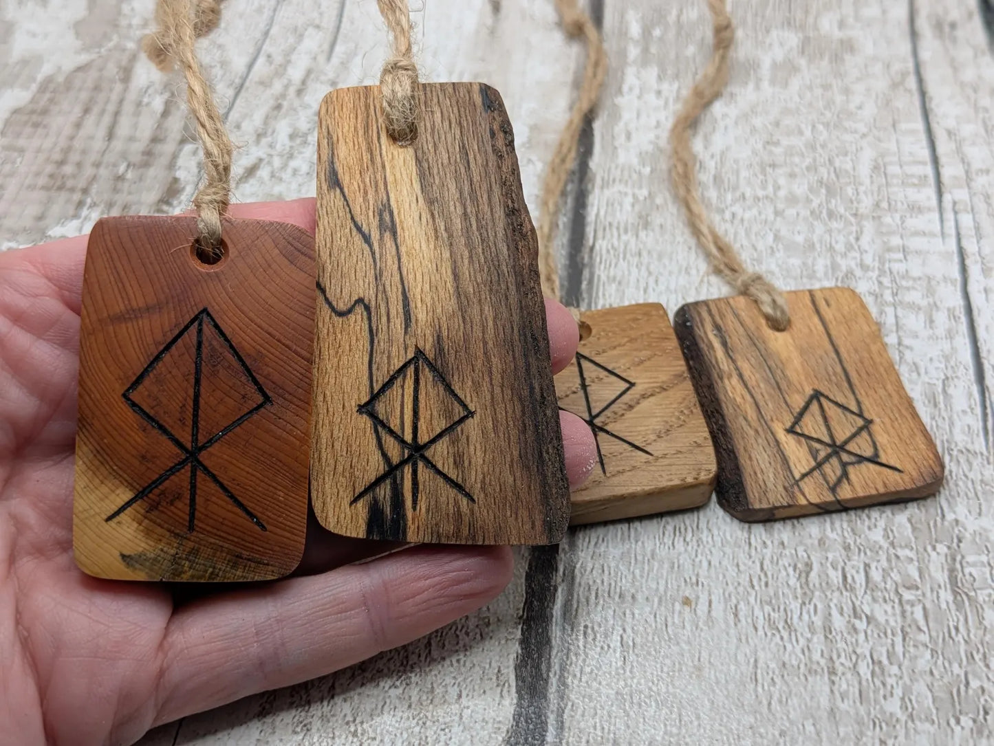 4 pack Oak, yew and spalted beech wood courage bind rune hanging decoration.