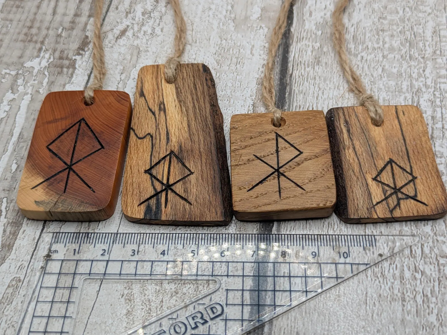 4 pack Oak, yew and spalted beech wood courage bind rune hanging decoration.