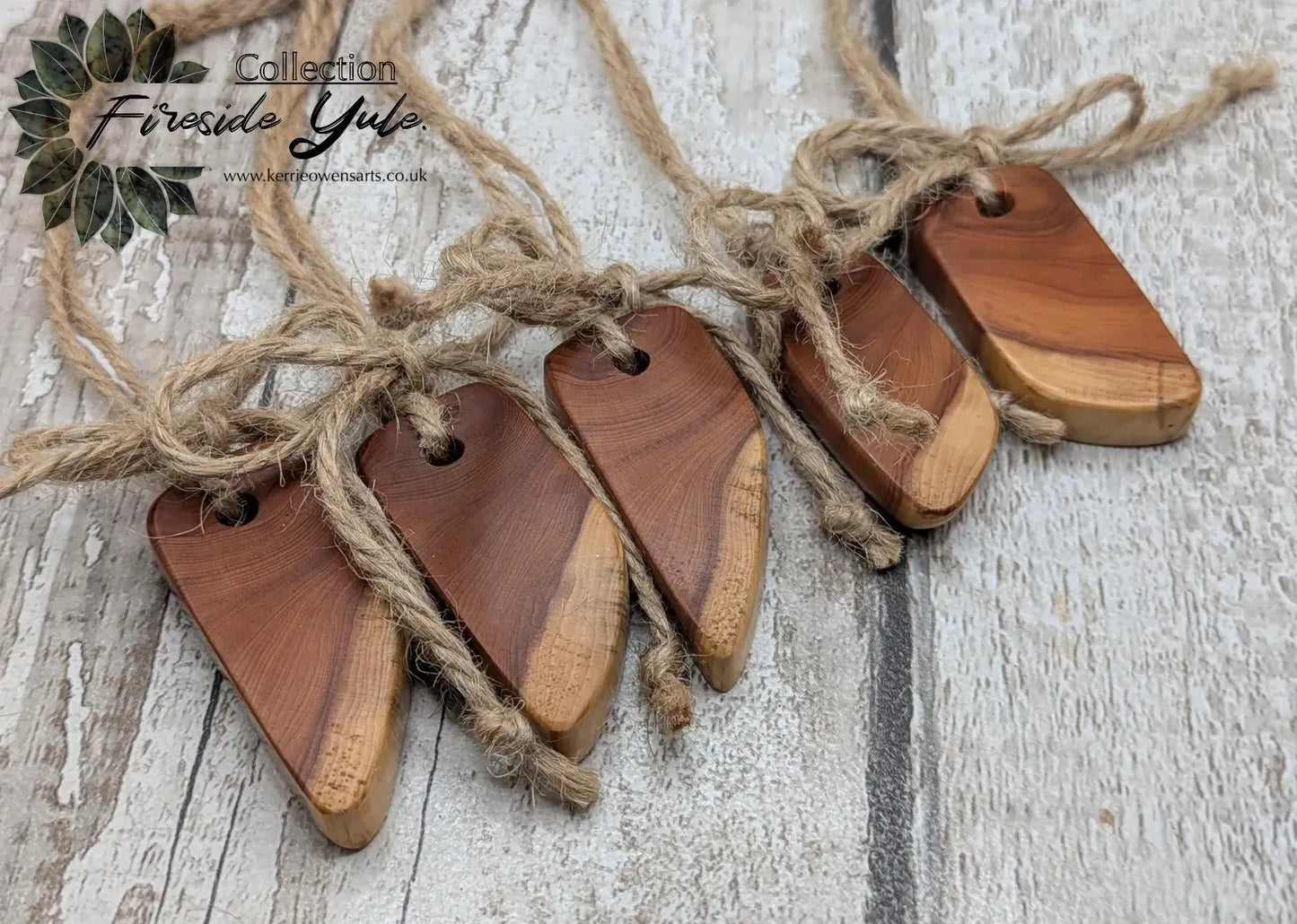 5 pack Yew wood slice hanging Christmas decoration.