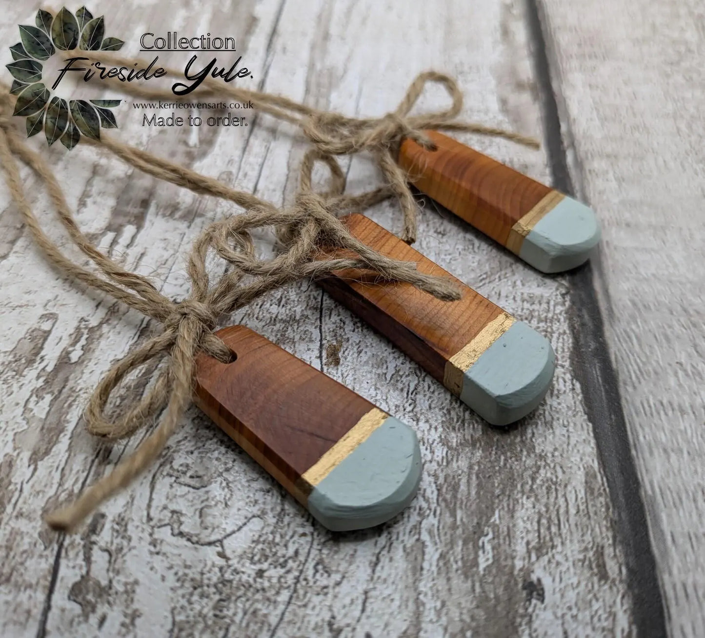 3 pack Yew wood tear drop Christmas decorations.