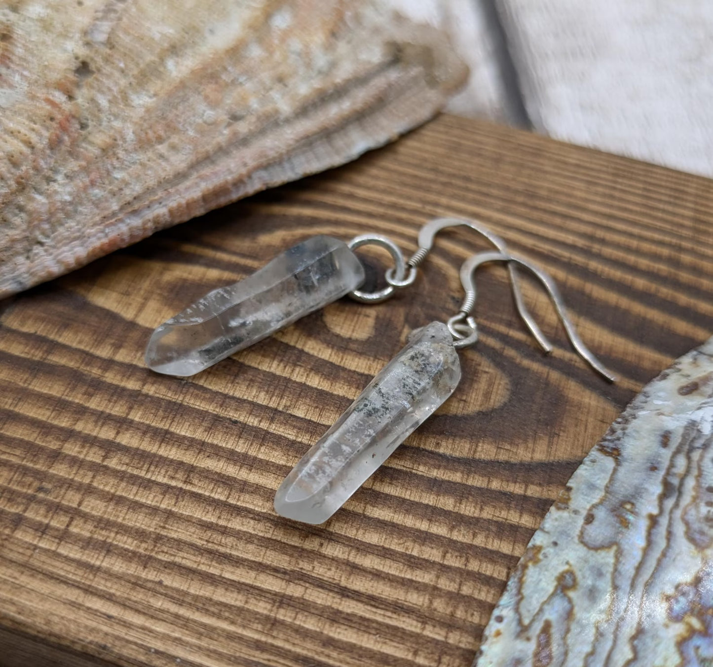 Quartz Crystal point drop earrings on 925 sterling silver.