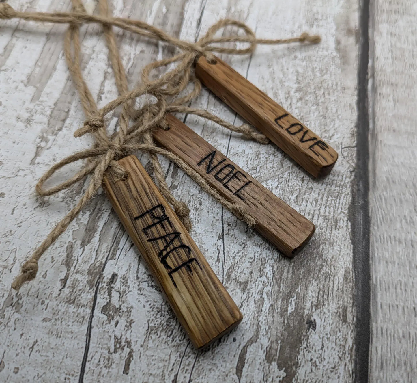 3 pack Oak wood love, peace and Noel hanging Christmas decoration.