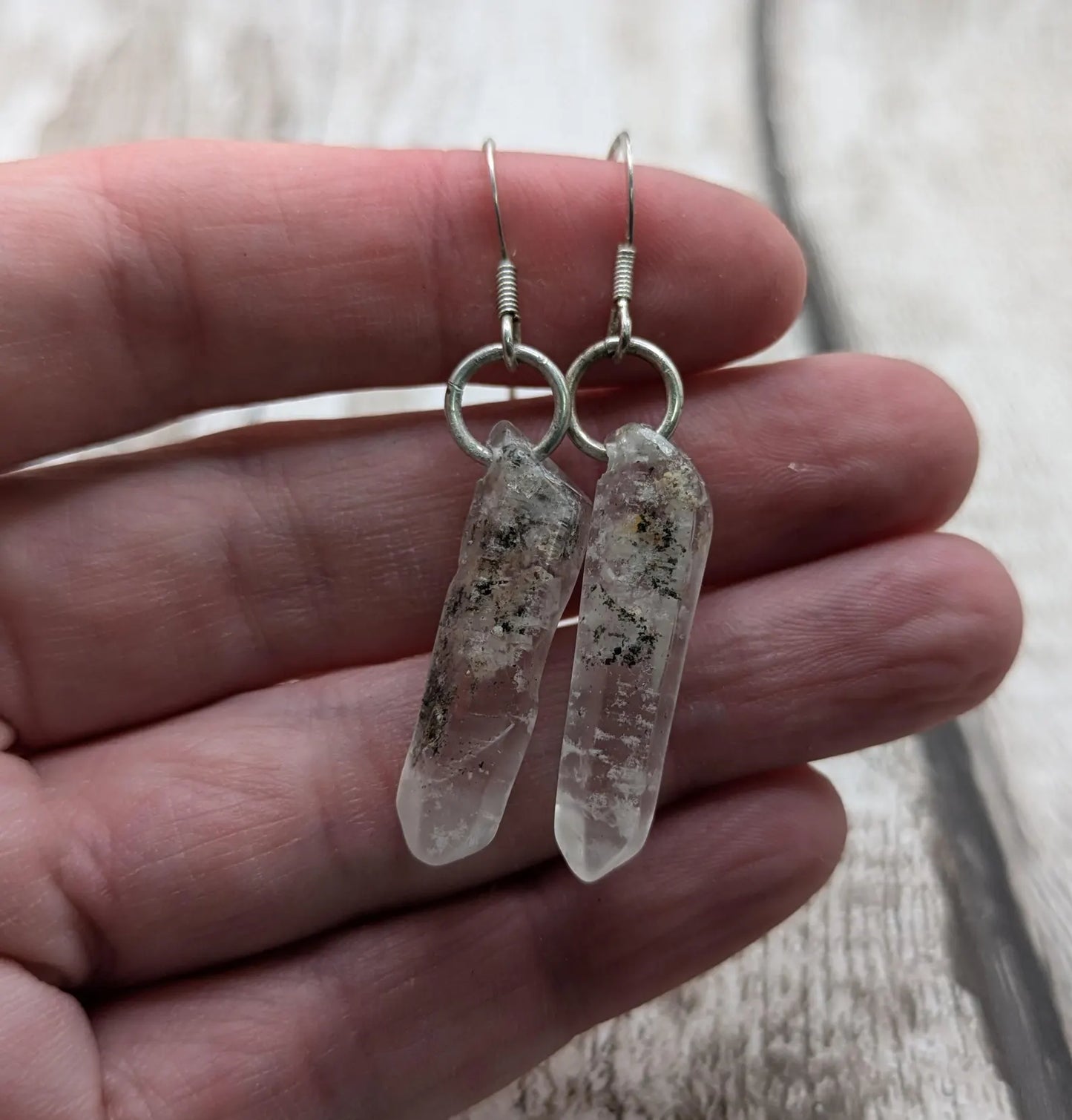 Quartz Crystal point drop earrings on 925 sterling silver.