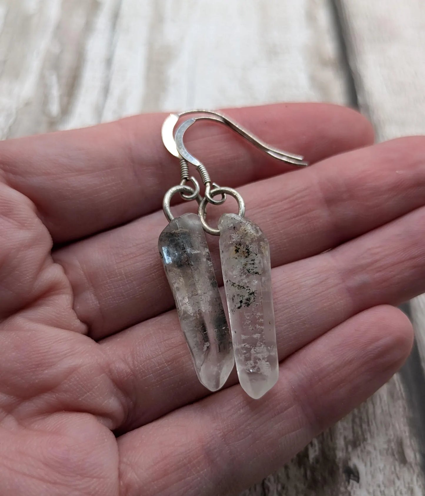 Quartz Crystal point drop earrings on 925 sterling silver.