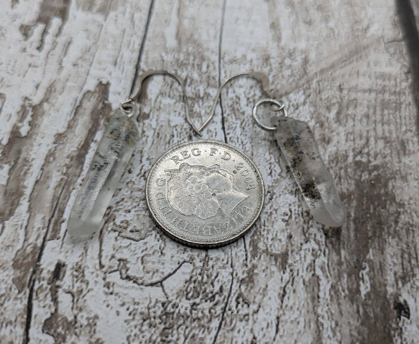 Quartz Crystal point drop earrings on 925 sterling silver.