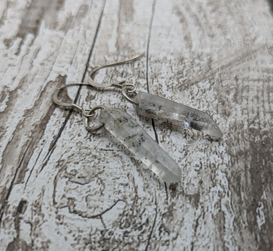 Quartz Crystal point drop earrings on 925 sterling silver.