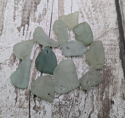 Teal Sea Glass Hand-Drilled Beads - Set of 12