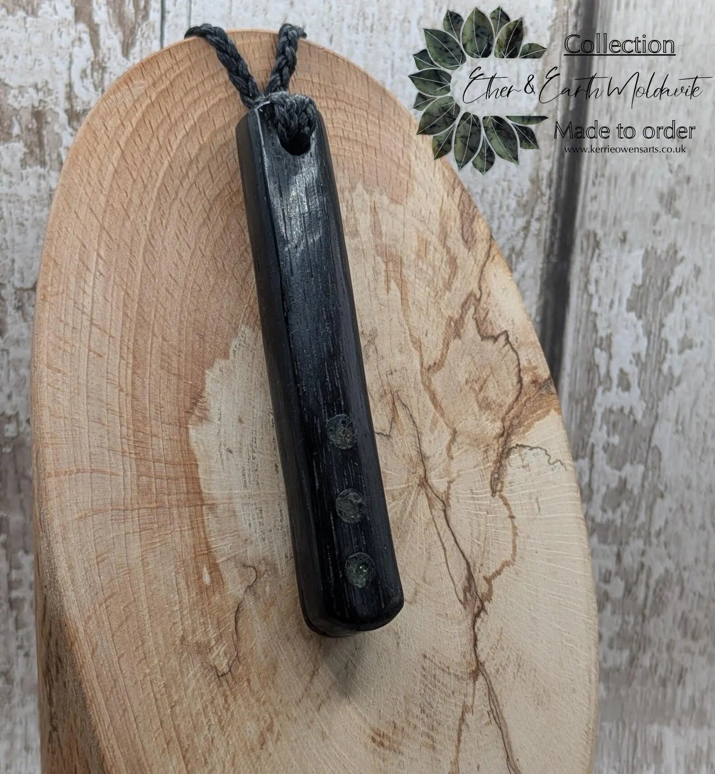 Bog oak + moldavite roimata carved pendant.