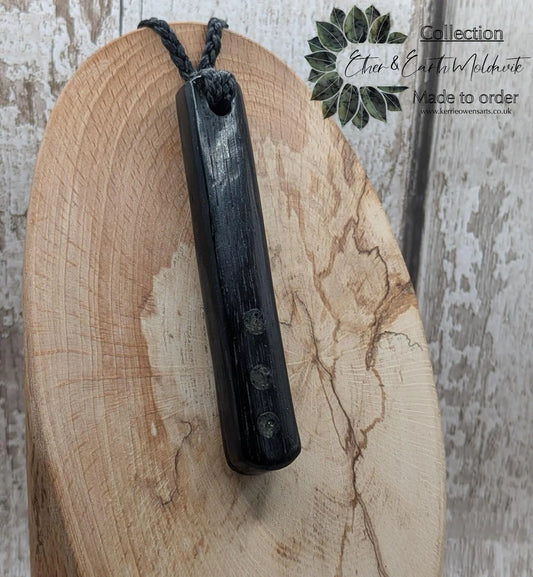 Bog oak + moldavite roimata carved pendant.