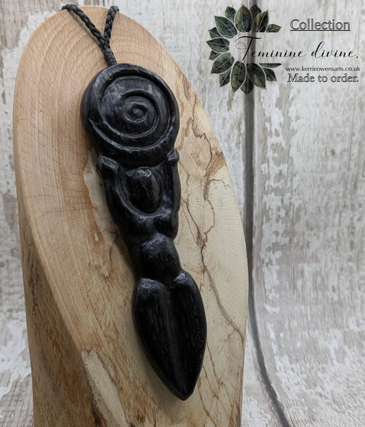 Fenland Bog Oak Goddess Pendant with Koru Spiral World Disc – Sacred Feminine Spiritual Jewelry, Earth Connection Talisman