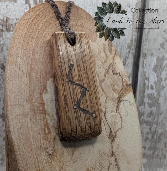 Whiskey barrel oak Cassiopeia constellation pendant.