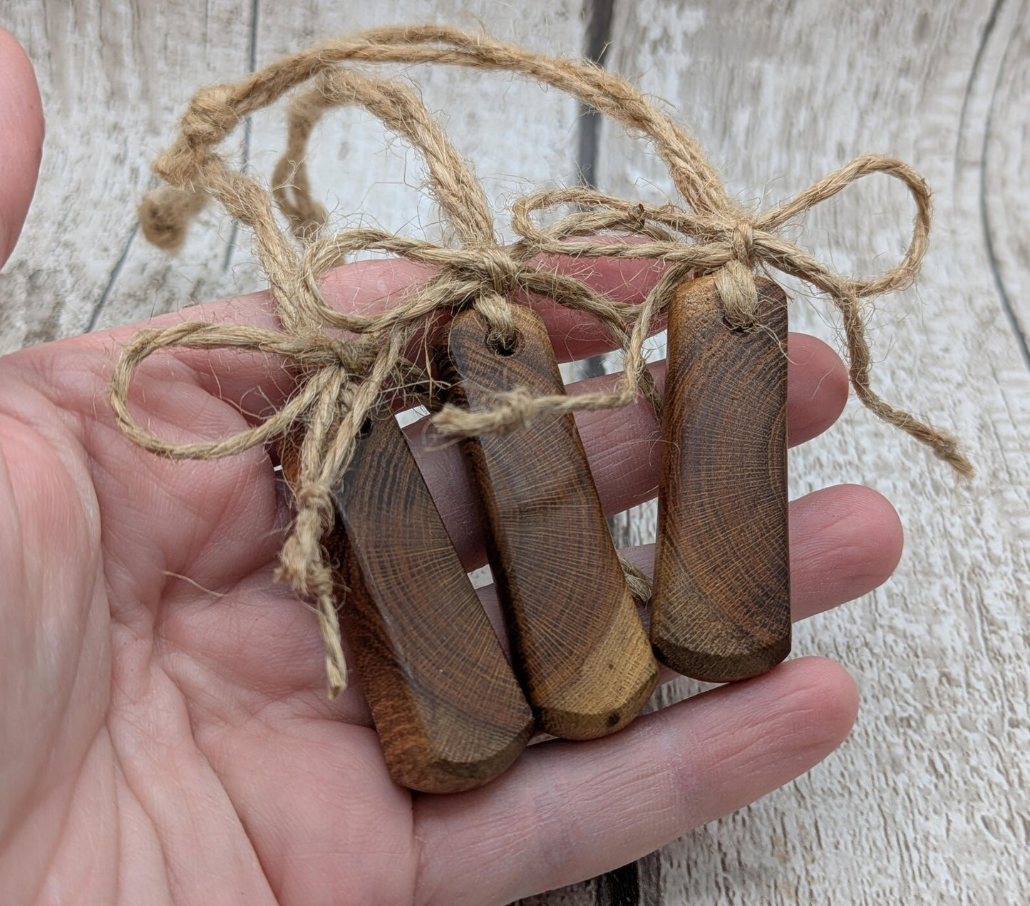 3 pack Laburnum wood roimata drop Christmas decorations.