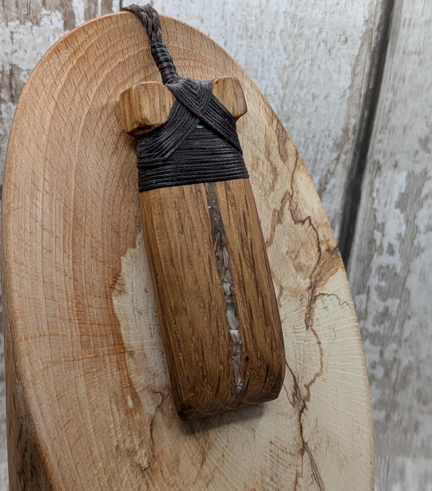 whiskey barrel oak wood hei took adze pendant with abalone shell.