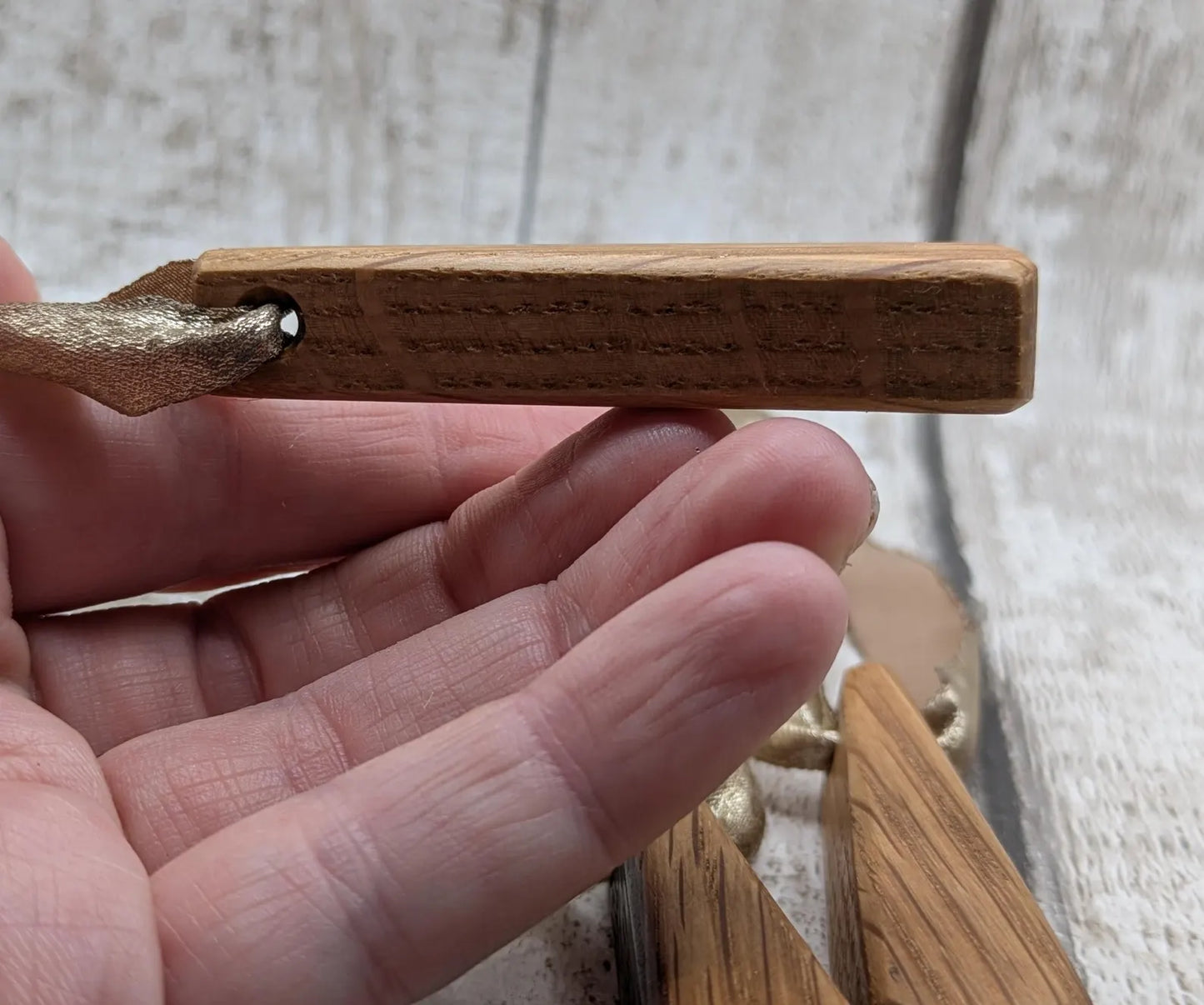 Set of Three Whiskey Barrel Oak Teardrop Christmas Ornaments – Side-Drilled Recycled Wood Yule Christmas Decorations with Gold Ribbon.