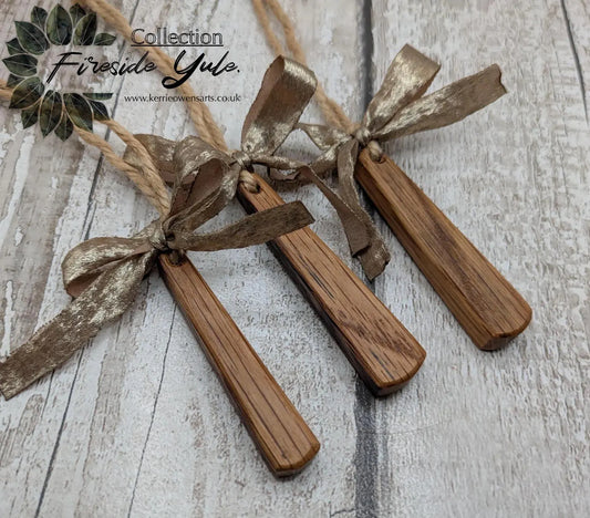 Set of Three Whiskey Barrel Oak Teardrop Christmas Ornaments – Recycled Wood Yule Decorations with Jute Hanging cord and Gold Ribbon.