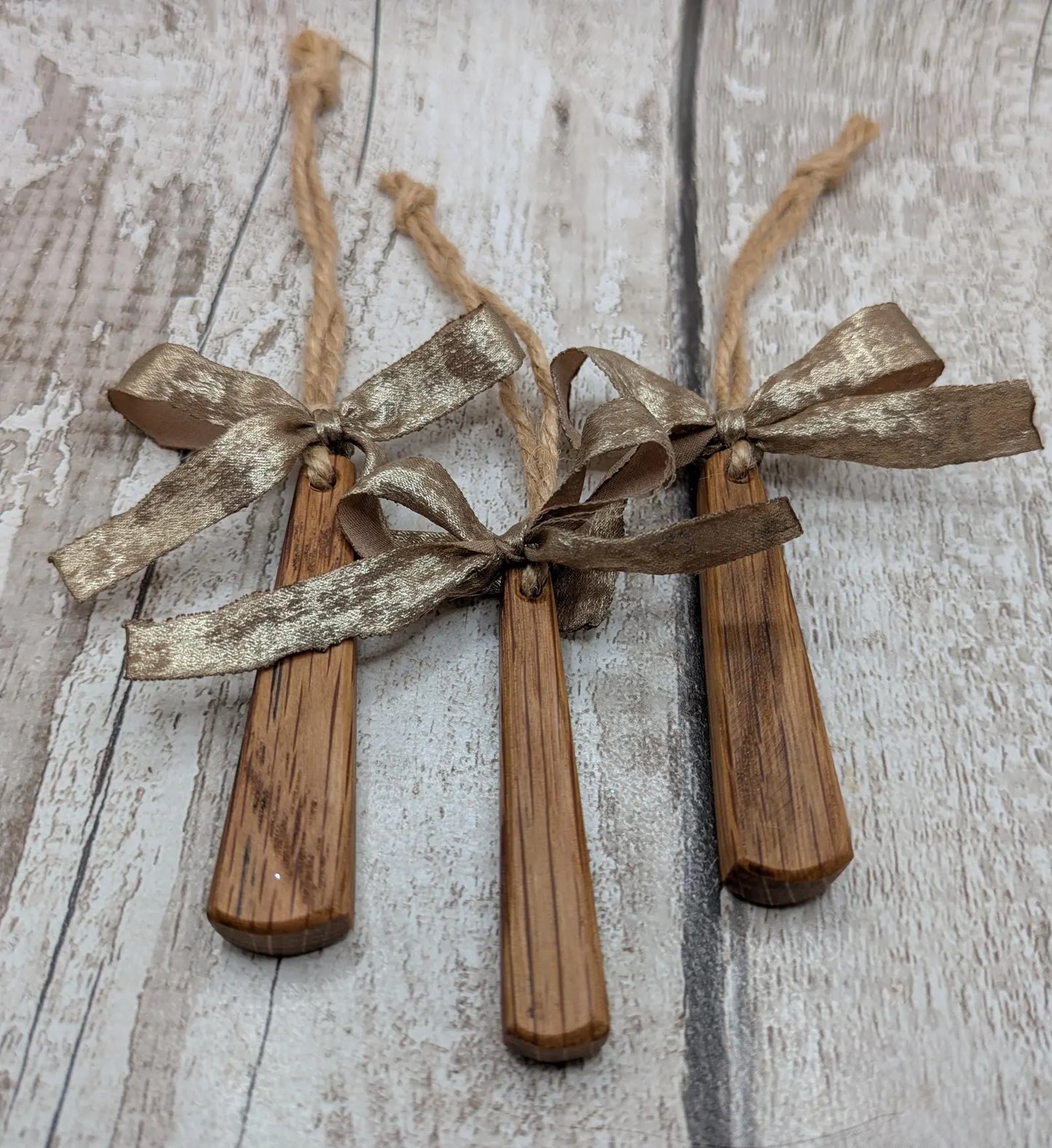 Set of Three Whiskey Barrel Oak Teardrop Christmas Ornaments – Recycled Wood Yule Decorations with Jute Hanging cord and Gold Ribbon.
