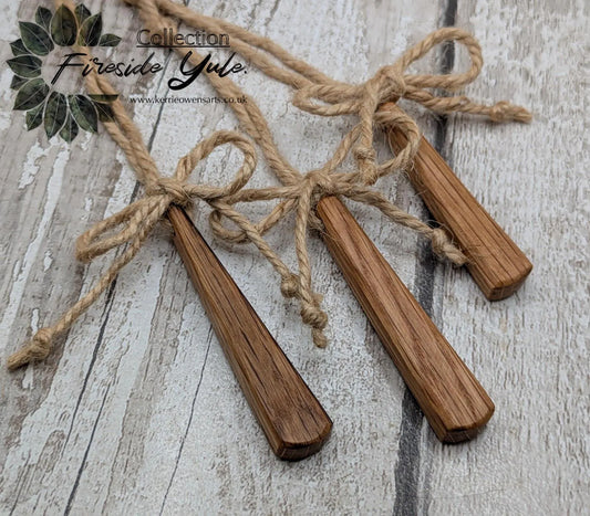 Set of Three Whiskey Barrel Oak Teardrop Christmas Ornaments – Recycled Wood Yule hanging Decorations with Jute Cord & Rustic Jute Bow.