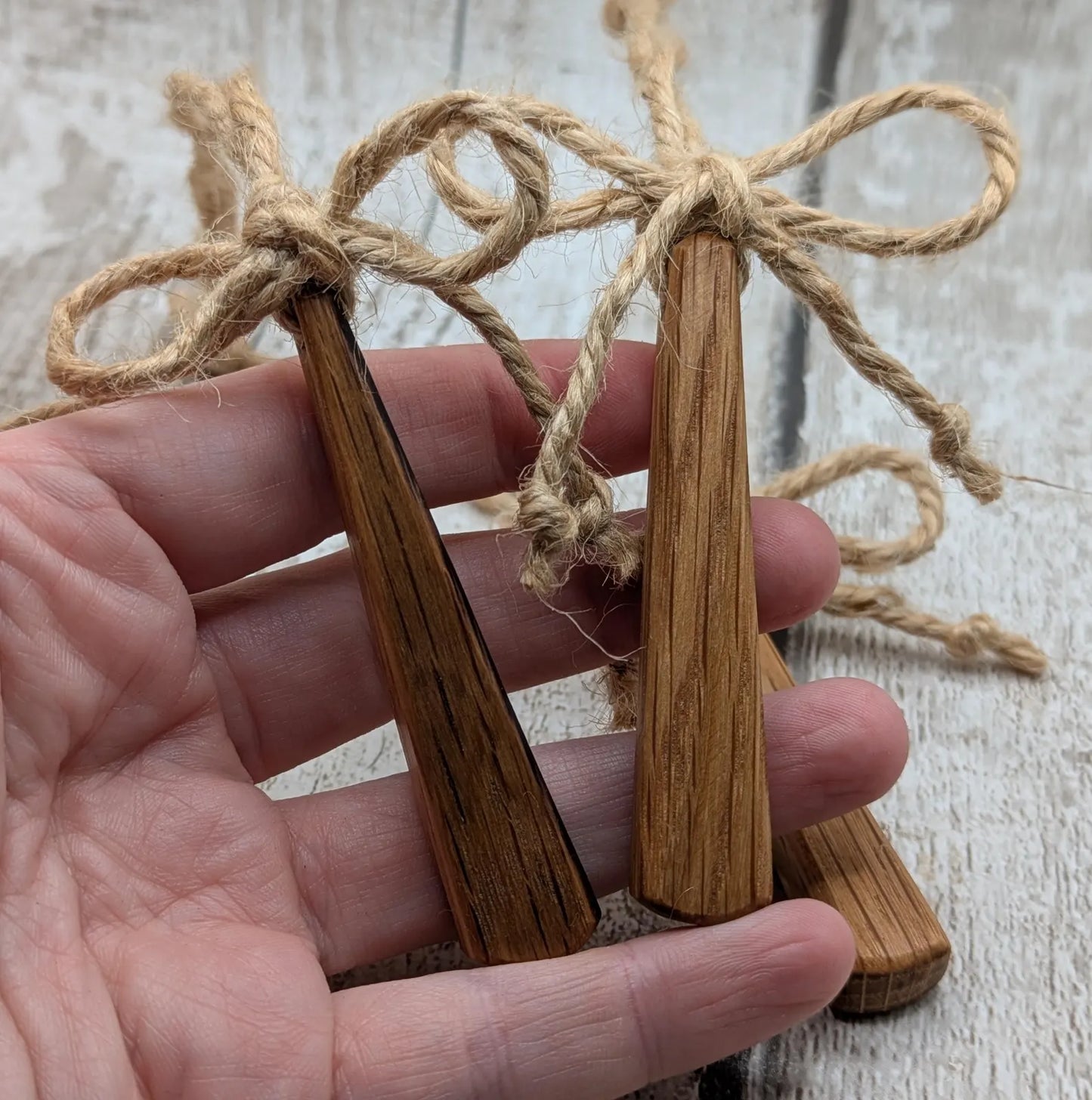 Set of Three Whiskey Barrel Oak Teardrop Christmas Ornaments – Recycled Wood Yule hanging Decorations with Jute Cord & Rustic Jute Bow.