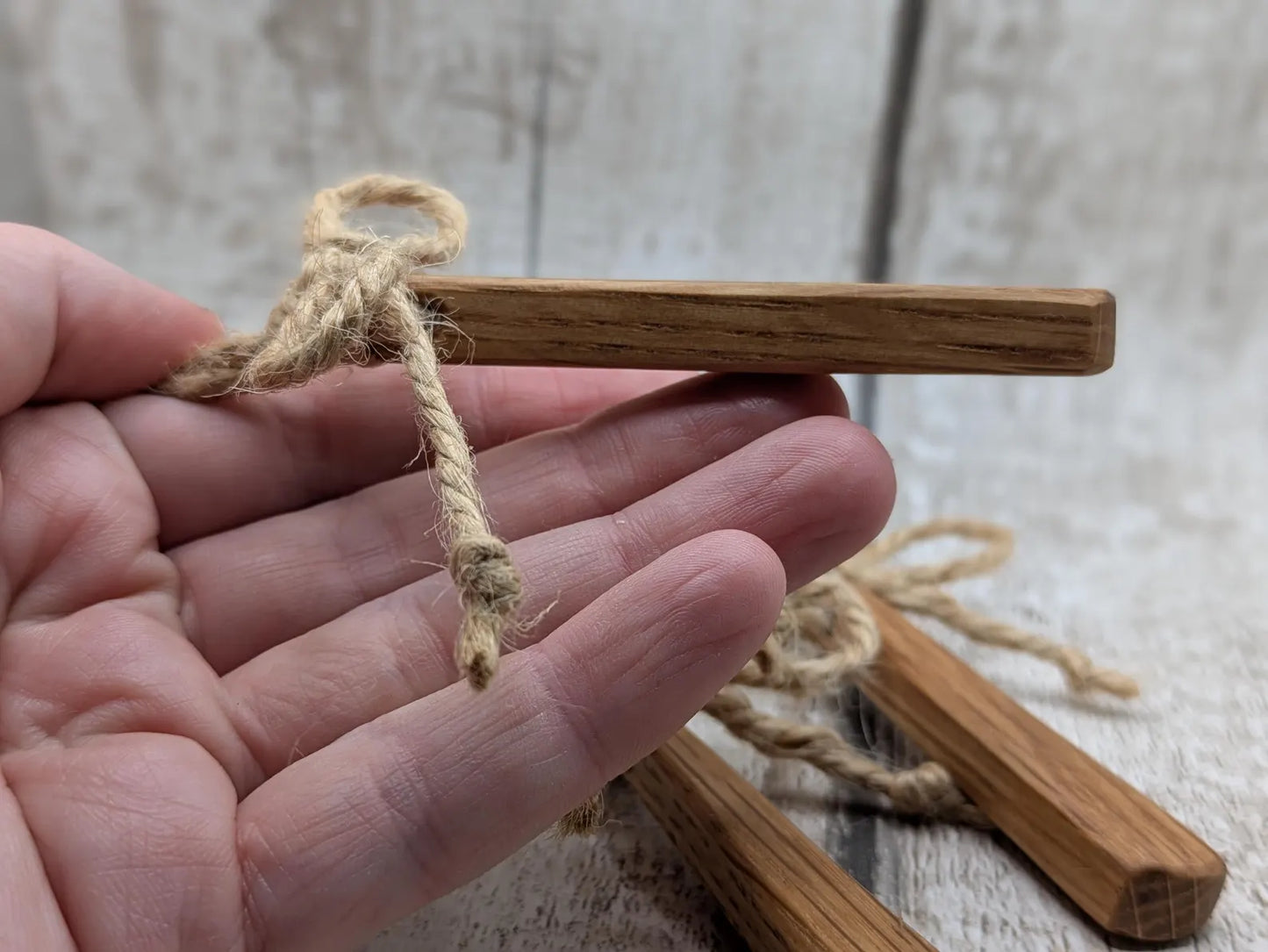 Set of Three Whiskey Barrel Oak Teardrop Christmas Ornaments – Recycled Wood Yule hanging Decorations with Jute Cord & Rustic Jute Bow.