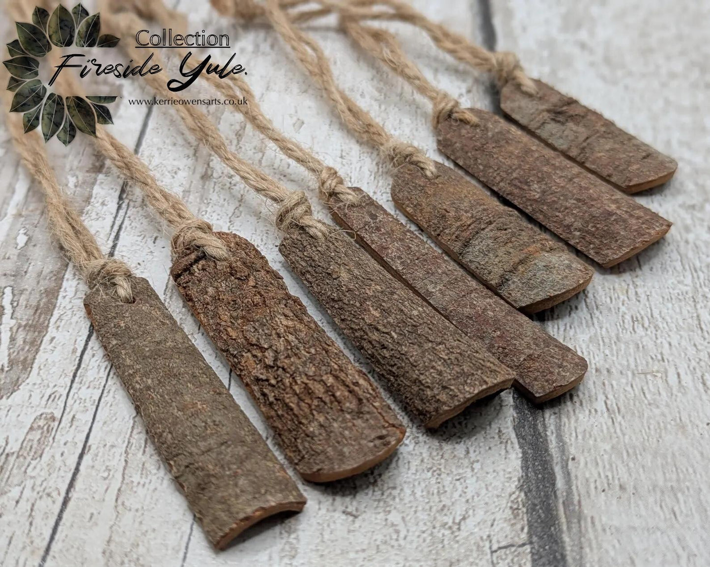 6 pack small cinnamon bark seasonal hanging decorations.