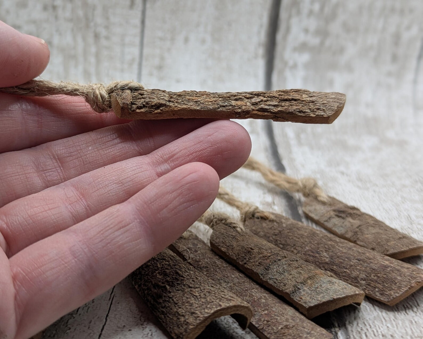 6 pack small cinnamon bark seasonal hanging decorations.