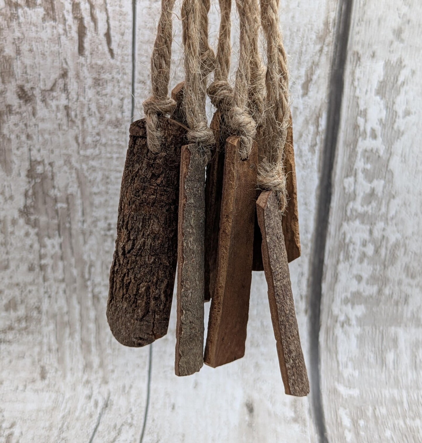 6 pack small cinnamon bark seasonal hanging decorations.