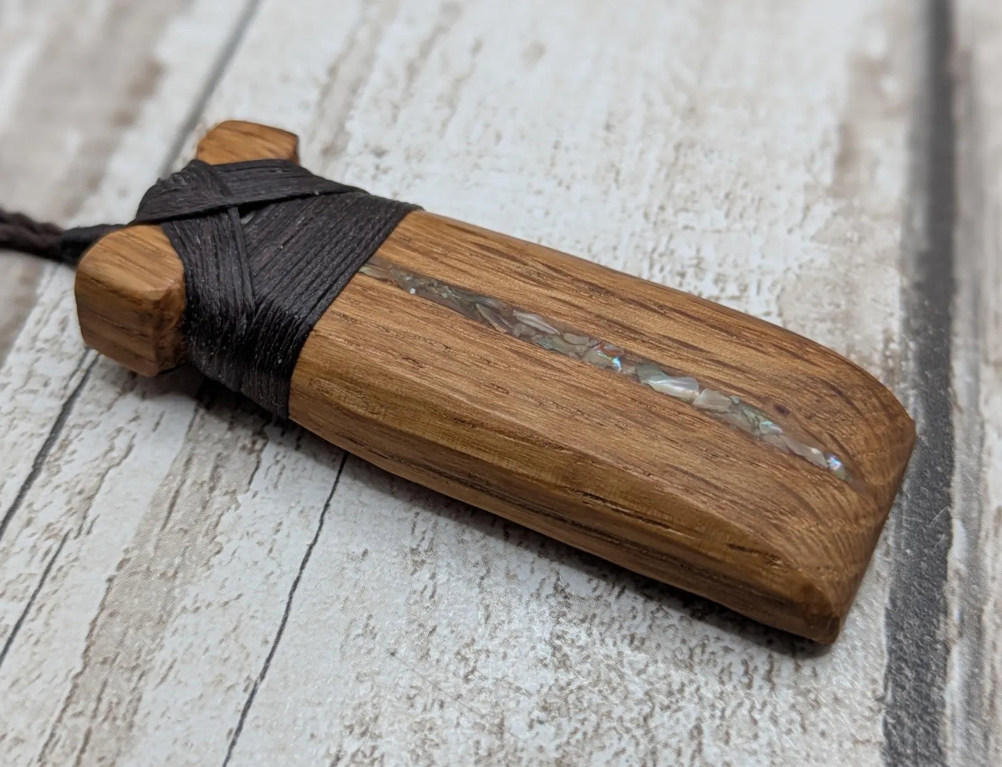 whiskey barrel oak wood hei took adze pendant with abalone shell.