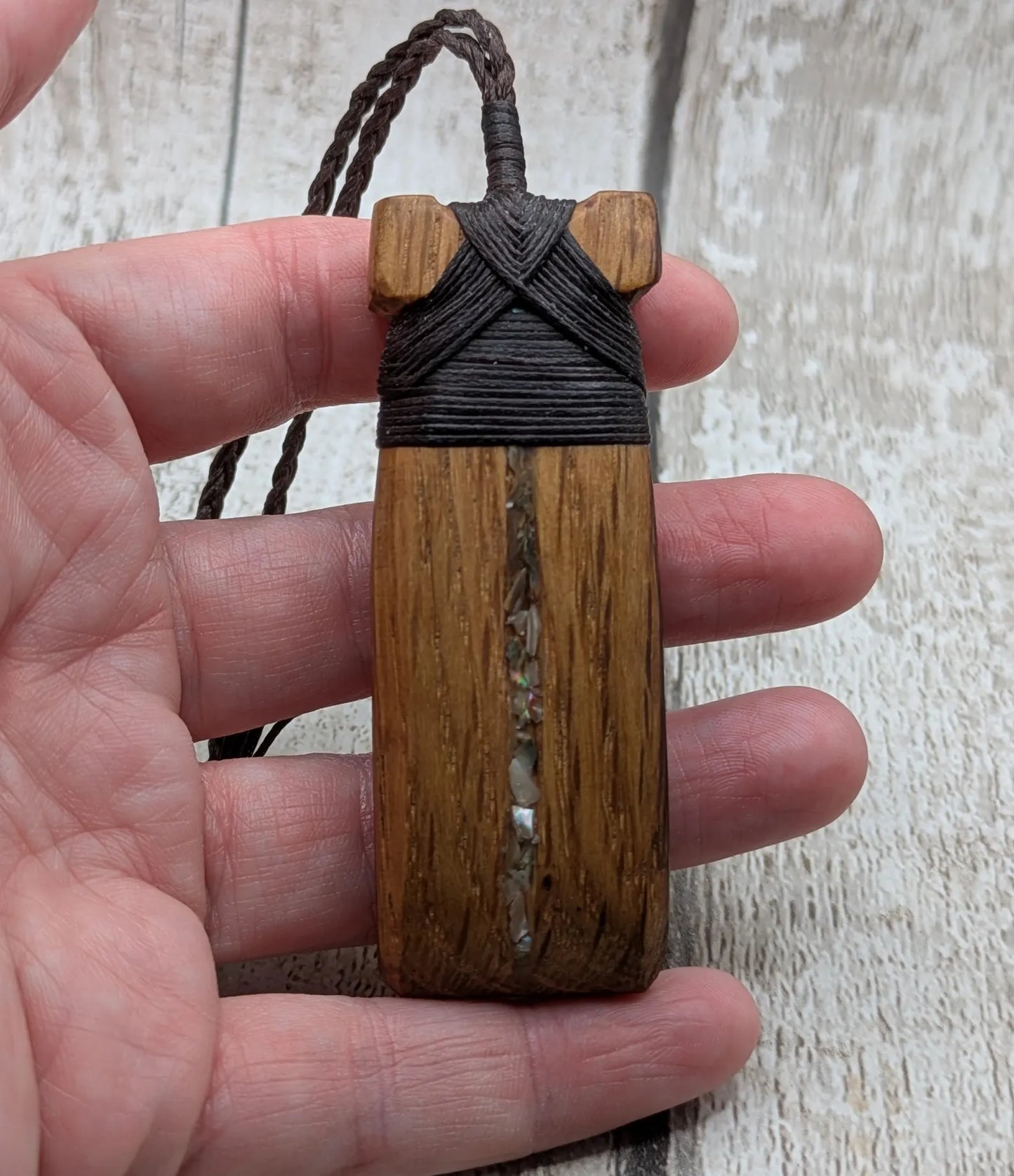 whiskey barrel oak wood hei took adze pendant with abalone shell.