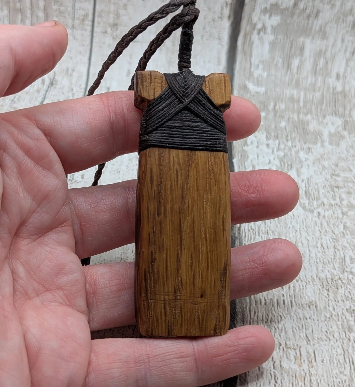 whiskey barrel oak wood hei took adze pendant with abalone shell.