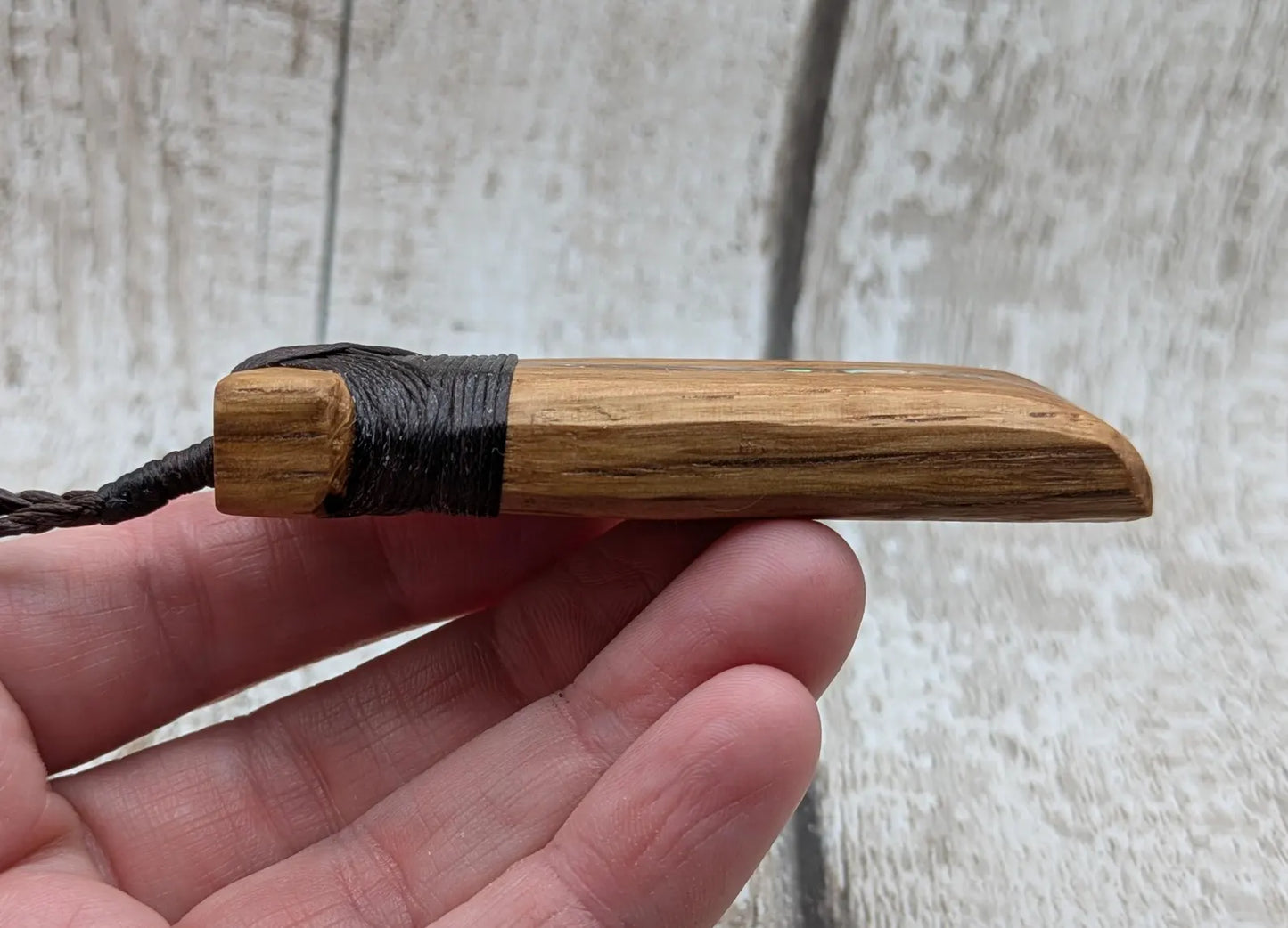 whiskey barrel oak wood hei took adze pendant with abalone shell.