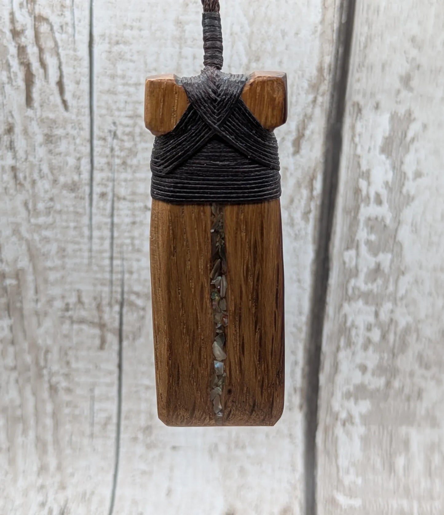 whiskey barrel oak wood hei took adze pendant with abalone shell.