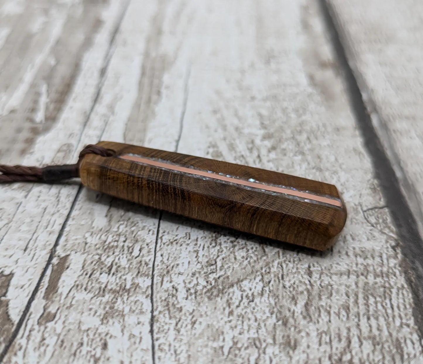 Laburnum wood roimata teardrop pendant with freshwater Pearl and copper.