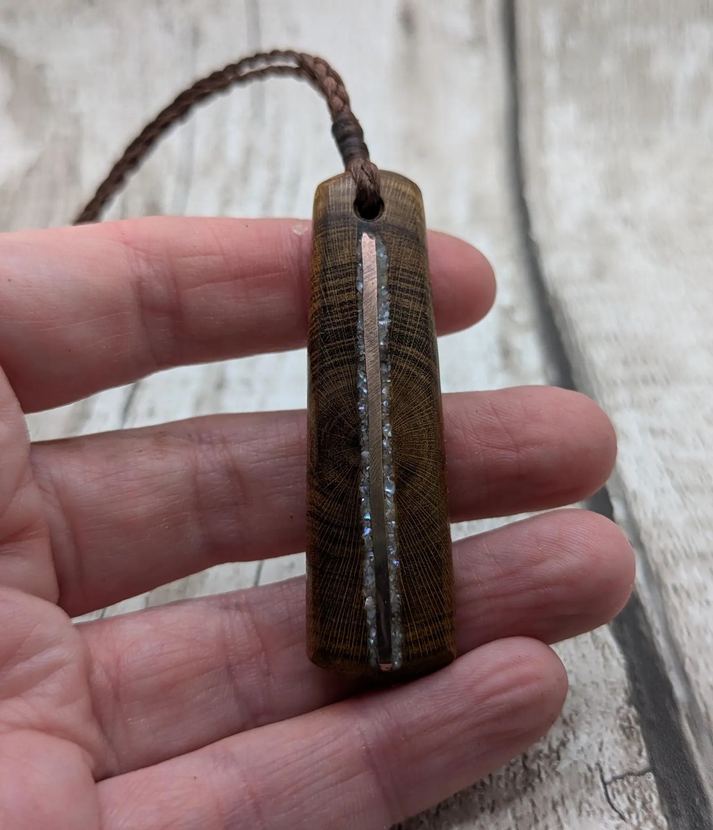 Laburnum wood roimata teardrop pendant with freshwater Pearl and copper.