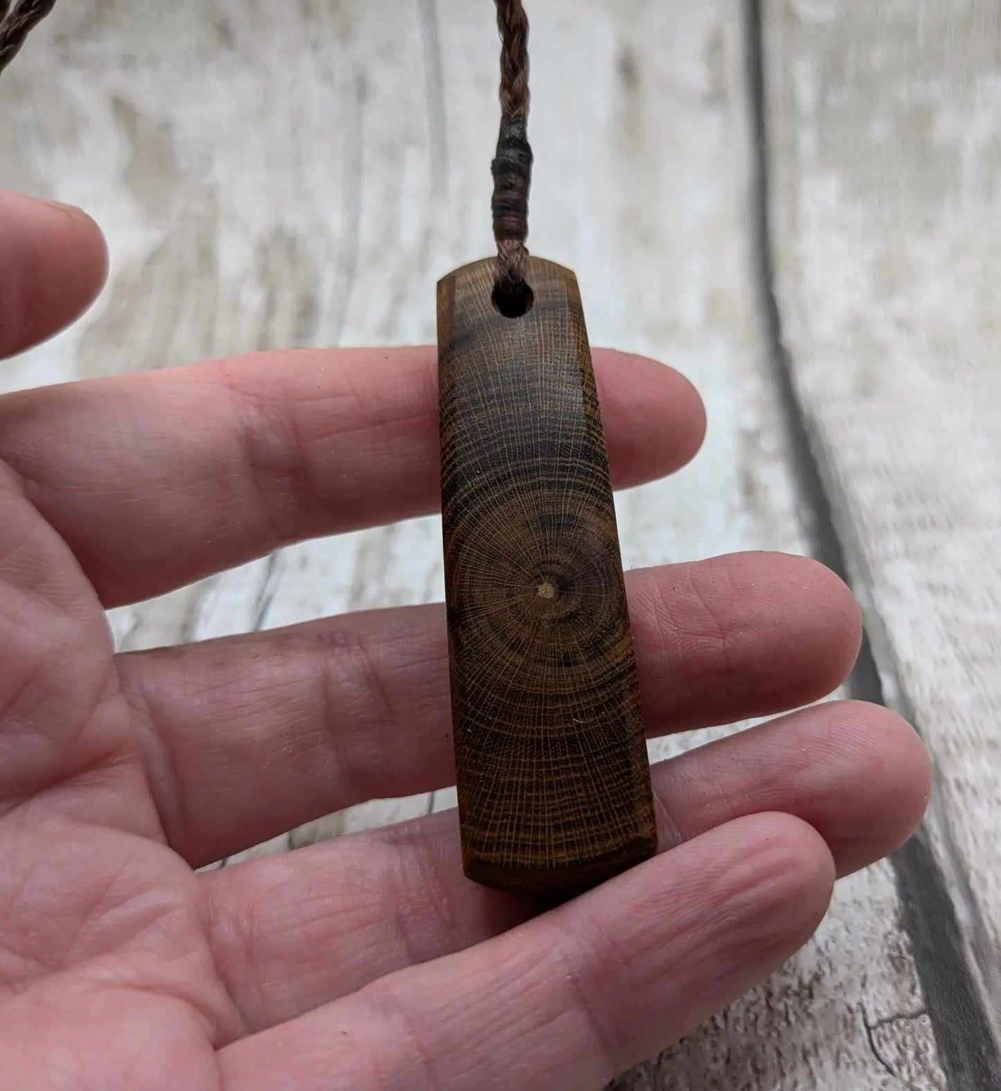 Laburnum wood roimata teardrop pendant with freshwater Pearl and copper.