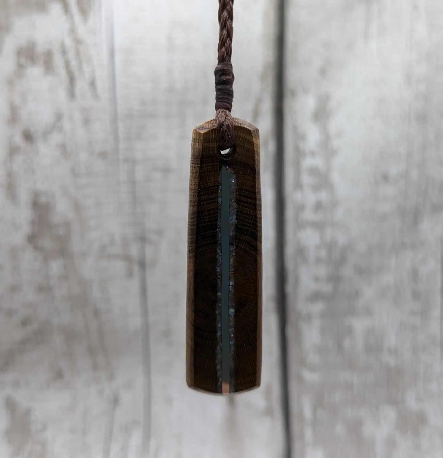 Laburnum wood roimata teardrop pendant with freshwater Pearl and copper.