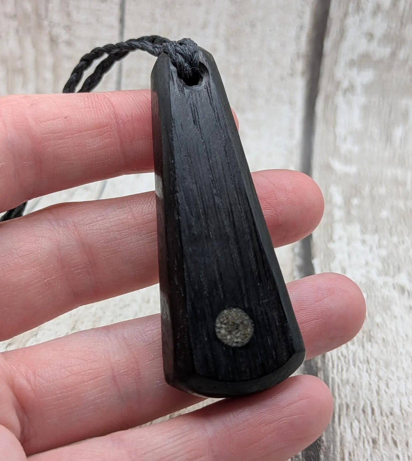 Fenland Bog Oak Roimata Pendant with Avebury Sarsen Inlay – Ancient Talisman | Wiccan, Druidic, or Pagan spiritual Ancestral Jewellery.