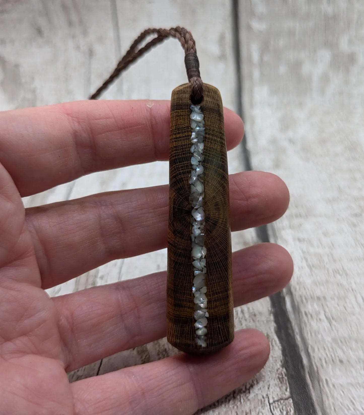 Laburnum wood roimata teardrop pendant with freshwater Pearl.